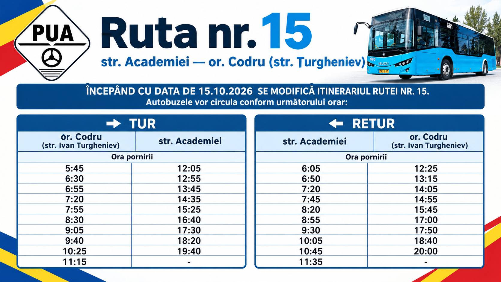 Se modifică itinerarul rutei municipale de autobuz nr. 15